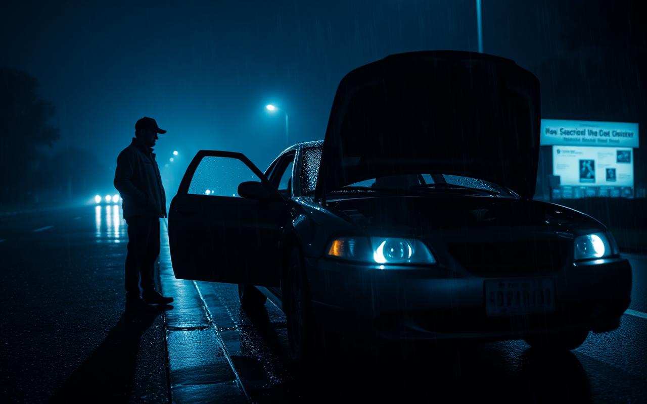 Driver waiting beside a broken down car on a rainy road at night
